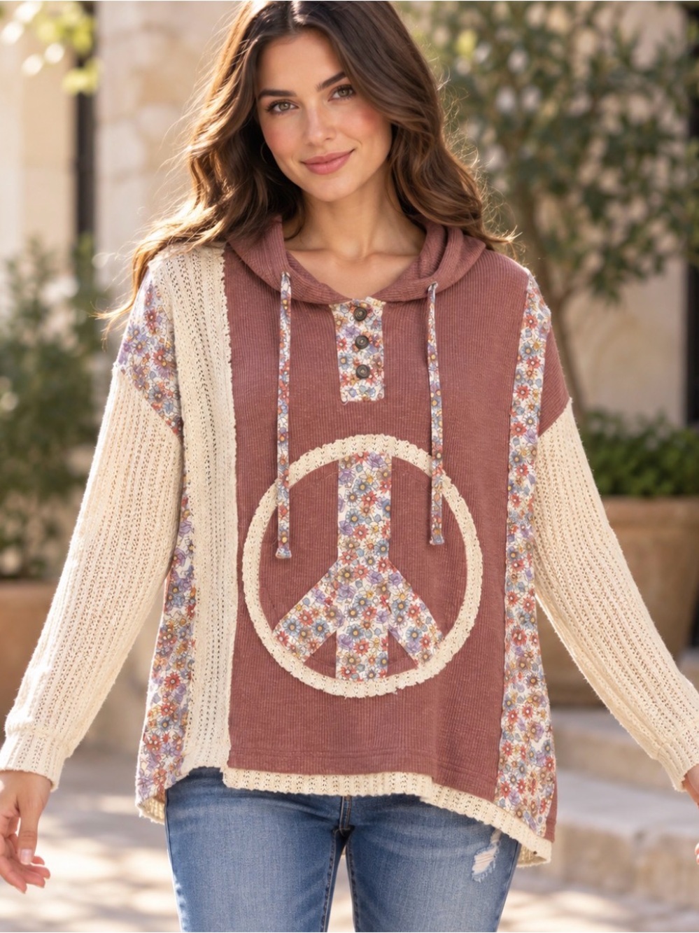 POL NWT Floral Peace Sign Patchwork Oversized Hoodie Top Mauve S